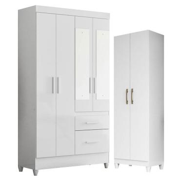 Imagem de Guarda Roupa Solteiro Madri Com Espelho E Armário Multiuso New íris Branco Brilho - Moval