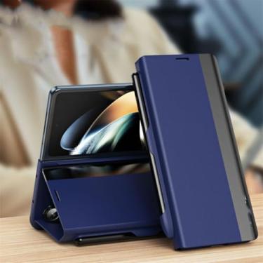 Imagem de Capa de celular com suporte de couro galvanizado para Samsung Galaxy Z Fold 6 5 4 3 5g com flip magnético (para Galaxy Z Fold 4/azul)