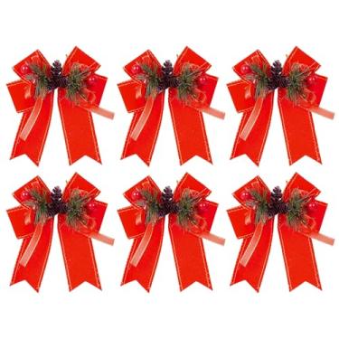 Imagem de Haakong 6 peças de laços de veludo de Natal com pinhas, enfeites de laço de fita vermelha para guirlanda de árvore de Natal, faça você mesmo, artesanato, decoração interna e externa