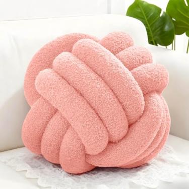 Imagem de Adlbbkiy Bola de almofada de nó rosa claro de 21 cm, almofada redonda macia feita à mão com nó, almofada de pelúcia para decoração de casa, almofada de travesseiro de pelúcia com nó, para sofá de sala