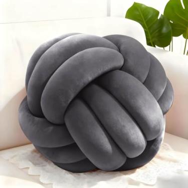 Imagem de Adlbbkiy Bola de almofada de nó cinza escuro de 21 cm, almofada redonda macia feita à mão com nó, almofada de pelúcia, almofada de pelúcia com nó, para quarto, sofá de sala de estar, decoração de