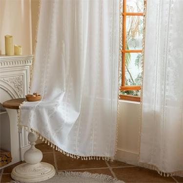 Imagem de Cortinas Boho de 224 cm para quarto da sala de estar, cortinas semi-transparentes boêmias, borla de privacidade de fazenda, vintage, chique, bordado, decoração de janela, aba traseira e bolso para