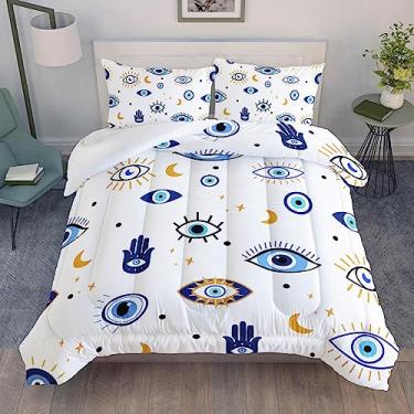 Imagem de AILONEN Conjunto de edredom Queen com olho turco, cama moderna com olho turco em uma bolsa para meninas, lindo conjunto de cama estilo boêmio, 3 peças, 1 colcha e 2 fronhas, todas as estações,