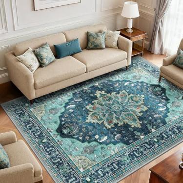 Imagem de RELEANY Area Rugs 1,8 m x 2,5 m lavável aspirador de pó, antiderrapante, floral, vintage, estampa de angústia, tapete medalhão para sala de estar, quarto, verde-petróleo, azul lago azul turquesa