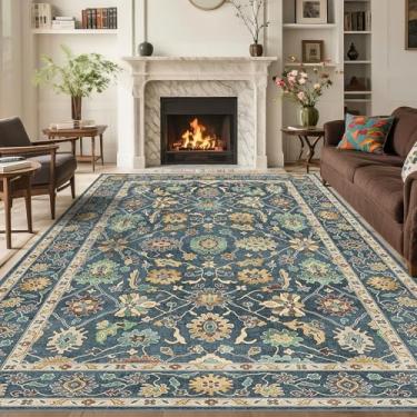 Imagem de Tapete de área lavável Oushak 20 x 25: Tapete de luxo floral turco oriental grande para quarto, berçário, sala de estar, jantar, decoração de casa, azul marinho