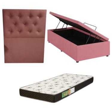 Imagem de Cama Box Baú Solteiro Blindada com Colchão Solteiro Espuma D20 12cm | Kit Completo com Cabeceira Botonê Opcional | Diversas Cores (3, SUEDE ROSA, COM CABECEIRA)