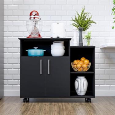 Imagem de Fruteira de Cozinha com Rodinhas e Suporte para Micro-ondas 2 Portas Multiuso em MDP(Preto)