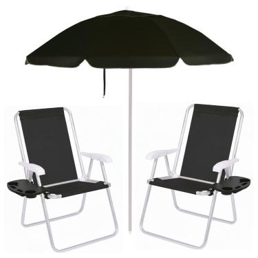 Imagem de Kit Praia 2 Cadeiras Alta Mesa Portatil + Guarda Sol Premium 2m Bagum Alumínio Preto - Mor
