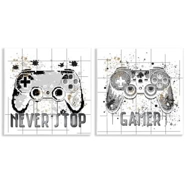 Imagem de Stupell Industries Jogo de arte de placa de parede Gamer Words with Modern Pixels 2 peças, design de Kim Allen, 12 x 12