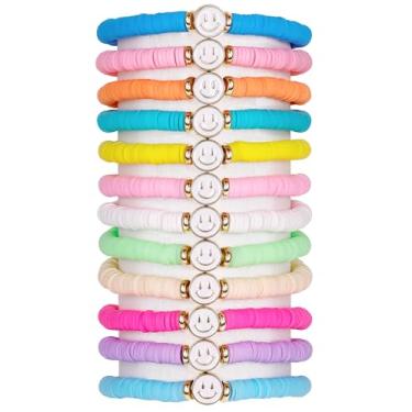 Imagem de LOREMOW 12 peças de pulseiras de amizade para mulheres com cara sorridente empilhável com contas coloridas surfista Heishi pulseiras elásticas boho pulseiras elásticas para lembrancinhas de festa
