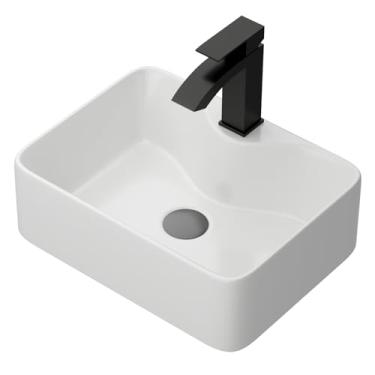 Imagem de Yurshen Pia de vaso branca, pia de banheiro retangular de 40,6 x 30,5 cm, porcelana cerâmica, acima do balcão, tigela pequena com acessórios pretos para banheiro