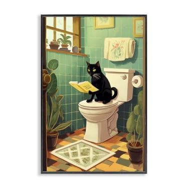 Imagem de Stupell Industries Arte giclée emoldurada branca para leitura de gato no banheiro, design por Andreas Magnusson, 61 x 40 cm