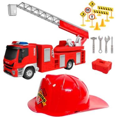 Imagem de Kit Caminhão de Brinquedo Bombeiros com Capacete Resgate - Usual Brinq