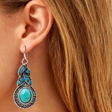Imagem de Brincos femininos pendentes de gota – Pingente feminino prateado com pedra turquesa em gota, joia boho ocidental para presente