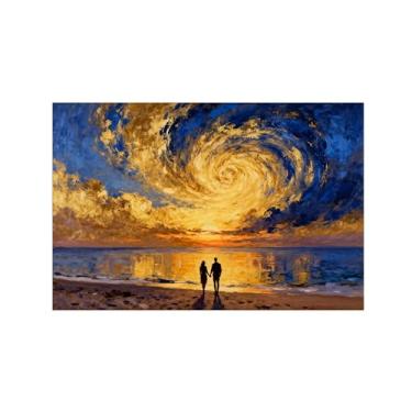 Imagem de Quadro raia em tela-Sol Romântico Praia-Azul Laranja-Arte moderna Pintura para sala de estar decoração casa 20x30cm Sem Moldura