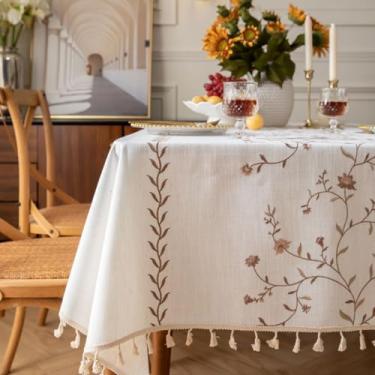 Imagem de Toalha de mesa floral para mesas retangulares toalha de mesa rústica de tecido de fazenda, bordada, pesada, com borlas, sem rugas, lavável para decoração de cozinha, festa, marrom, 140 x 180 cm