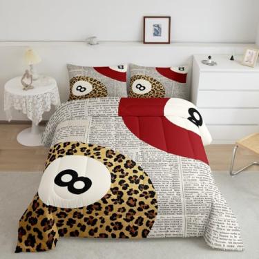Imagem de Manfei Conjunto de edredom de bolas de bilhar, jogo de bilhar, moderno, esportivo, jogo de bilhar, para quarto de adolescentes, jornal antigo, estampa de pele de leopardo, conjunto de colcha com 3