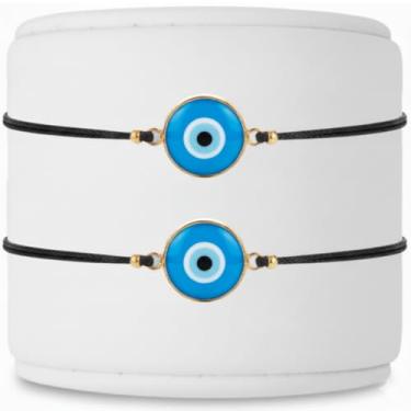 Imagem de BCS Pulseiras olho turco ajustável cordão preto amuleto para mulheres homens autêntica contas de vidro turco feito à mão pingente de proteção boa sorte tamanho único - azul (2 peças)