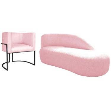 Imagem de Kit Divã Luna 160cm Lado Direito E 01 Poltrona Base De Ferro Preto Suede Rosa Bebê