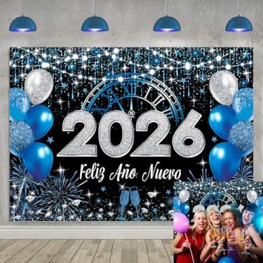 Imagem de Banner Feliz Ano Novo 2026 Ano Novo cenário fotográfico azul e prata Feliz Año Nuevo fundo de festa fogos de artifício 2026 Ano Novo decorações de festa adereços de cabine de fotos (18,8 x 1,5 m)