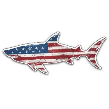 Imagem de Adesivo de pesca de tubarão: adesivo tático de bandeira dos EUA de tubarão para entusiastas de pesca em para-choques, adição patriótica ao seu carro, caminhão, barco, trailer - varas e caixa de