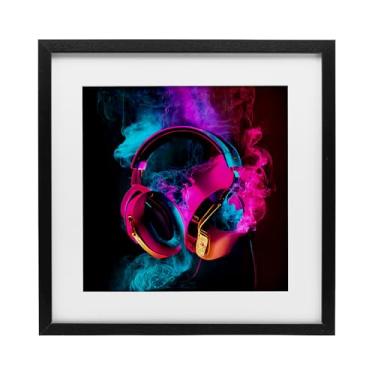 Imagem de Stupell Industries Power Play Fones de ouvido rosa e azul impressão emoldurada preta sob vidro, design por Sasha, 13 x 13