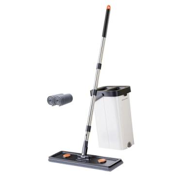 Imagem de ＫＬＫＣＭＳ Conjunto de esfregão e balde com espremedor, esfregão plano, doméstico autolimpante, rotação de 360 ​​graus com almofadas para casa, parede, teto e, 33cm 2 Almofadas