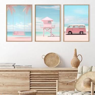 Imagem de Arte de parede de praia rosa imagem de verão tropical pôster de praia pintura paisagem marítima paisagem cênica imagem do oceano ônibus pôster costeiro rosa arte de parede estética paisagem azul