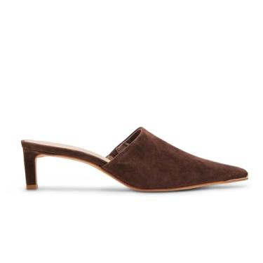 Imagem de RJYLP Mules de salto gatinho para mulheres, confortáveis, sem cadarço, bico fino, fechado, deslizante, vestido de festa de casamento, Marrom, 41