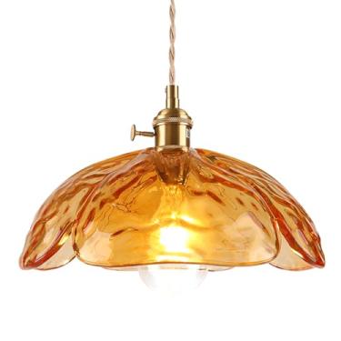 Imagem de Auwieou Luminária Pendente Moderna De Meados Do Século, Com Cúpula Vidro Âmbar E Flor, Estilo Fazenda, Dourada, Ajustável, Para Cozinha, Sala Jantar Quarto