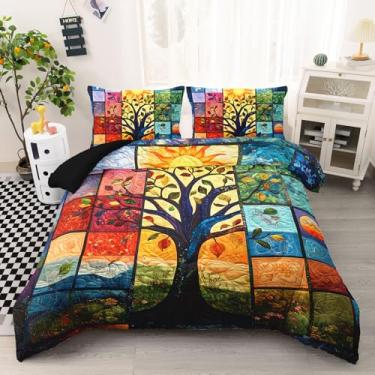 Imagem de AILONEN Conjunto de edredom Queen com árvore da vida, sol e lua, árvore colorida, para decoração de quarto, temática de natureza, edredom com 2 fronhas, 3 peças
