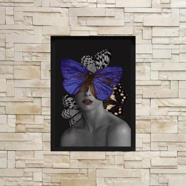 Imagem de Quadro Decorativo Mulher Com Borboleta Azul Moldura Preta - Quadros On