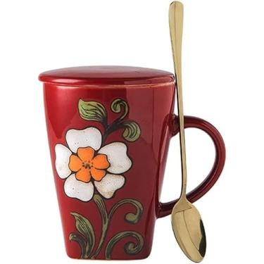 Imagem de EPOTRDCV Caneca de chá, xícara de café, café de cerâmica, caneca de chá de leite de porcelana de 500 ml com tampa e colher, copo de leite com padrão floral,