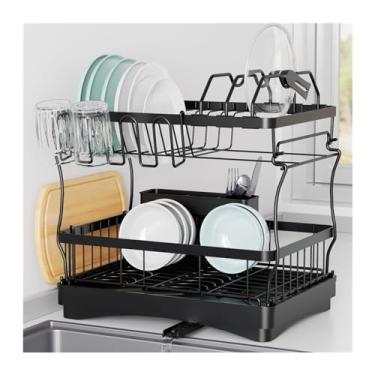 Imagem de Escorredor de pratos de 2 níveis com função de bloqueio de água, escorredor de panela, suporte de talheres, suporte de tábua de corte para escorredor de pratos de cozinha