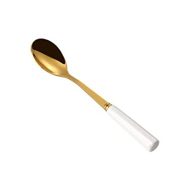 Imagem de colheres pacote com 3 colheres de café de aço inoxidável colher pequena para sorvete colher de mistura de cerâmica alça de sobremesa conjunto de colheres de sobremesa (cor: Dourado)