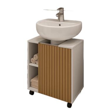 Imagem de Armario Gabinete Para Banheiro Pia Lavatorio de Coluna Com 6 Nichos Prateleira com Porta e Rodinhas(Branco/Ripado)