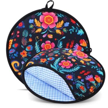 Imagem de Honeydak 2 peças, bolsa para aquecedor de tortilha de 30,5 cm para micro-ondas, bolsa de tecido isolada, suporte de tortilha mantém quente para tortillas tacos naan e pizzas (flores mexicanas)