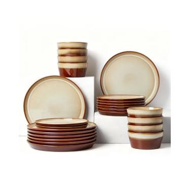 Imagem de Pokini Conjunto de louça de grés serviço para 8, marrom amarelo