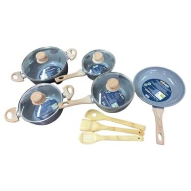 Imagem de Jogo de Panelas Antiaderente 8 Peças, Revestimento Cerâmico, Cinza e Azul, Cabo Madeira, Compatível com Indução, 2 Caçarolas, 2 Panelas, Frigideira, 3 Utensílios- Cores SORTIDAS