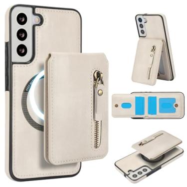 Imagem de Carteira destacável compatível com carregamento sem fio Magsafe para Samsung Galaxy S21 FE capa com suporte para cartão, bolso com zíper, suporte 2 em 1 capa à prova de choque (branca)
