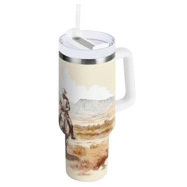 Imagem de xigua Copo vintage Western Cowboy de 850 g com tampa e canudo, aço inoxidável de vácuo duplo isolado garrafa de água esportiva suporte para copo de café de viagem à prova de vazamento para bebida