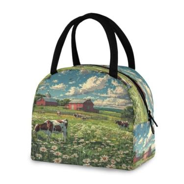 Imagem de Blueangle Lancheira isolada à prova de vazamento – Bolsa de almoço reutilizável com design de cena de fazenda com vacas, recipiente compacto para alimentos para escritório, viagens e atividades ao ar