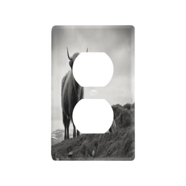 Imagem de Blueangle Placa de parede Highland Cow Duplex Outlets, tamanho padrão, placas de cobertura de tomada elétrica de 1 gangue para decoração de quarto de escritório em casa, 4,53 x 2,76 polegadas (587)