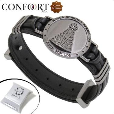 Imagem de Pulseira Masculina Couro Estilo Relógio Nossa Senhora Grafite - GRANAD