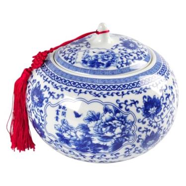 Imagem de YXCQHZM Urna grande adulta para cinzas humanas - Urna grande de cerâmica para animais de estimação - Frasco selado de cerâmica de 3650 ml com padrão azul e branco pintado à mão (vermelho, 22 cm)