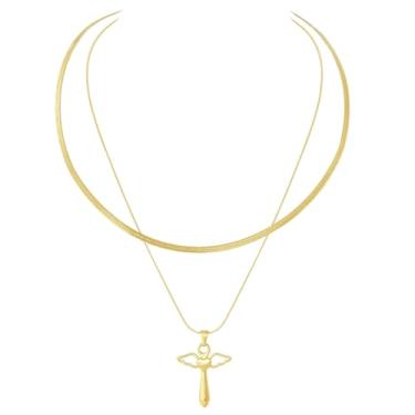 Imagem de Jewanfix Colar em camadas banhado a ouro 14K feminino, conjunto de colar de prata, corrente de cobra, pedra colorida, moda cruzada para mulheres, ‘16+2’ ‘18+2’, Aço inoxidável, Sem Pedra Preciosa