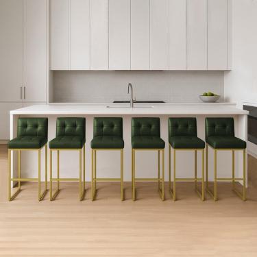 Imagem de Banqueta Cozinha Alta Com Encosto Industrial Kit 6 Dourado Lirina Pu Verde C05 - D'rossi
