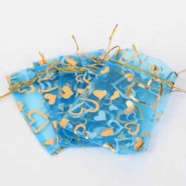 Imagem de 100 unidades de sacos de organza estampados em coração, 12 x 10 cm, sacos de presente de joias, bolsas de malha para festa de casamento, Natal, doces, embalagens