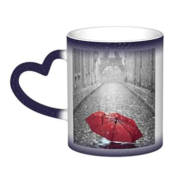 Imagem de Torre Eiffel Paris Rua Guarda-chuva Vermelho Divertido Xícara de Café, Copo de Cerâmica Mágica Sensível ao Calor Mudança de Cor 12 Oz, Para Café/Chá/Leite/Cacau, Para Adolescentes/Aniversário/Festival