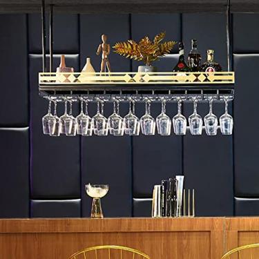 Imagem de Rack de vinho para pendurar no teto, altura ajustável, prateleiras de madeira/rack de decoração suspenso, suporte de taças de cálice, bares/restaurantes/prateleira de exibição
